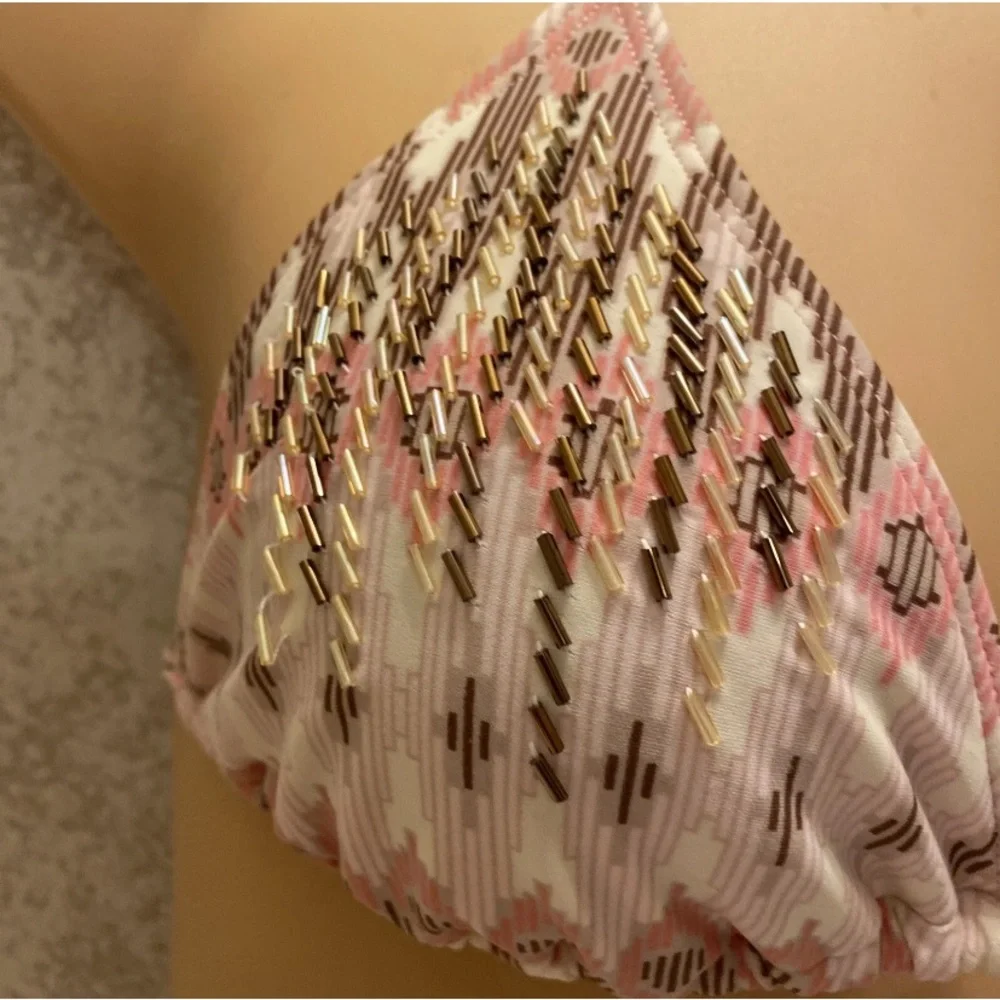 Xhilaration Pink and Brown Patterned Beaded Bikini Top